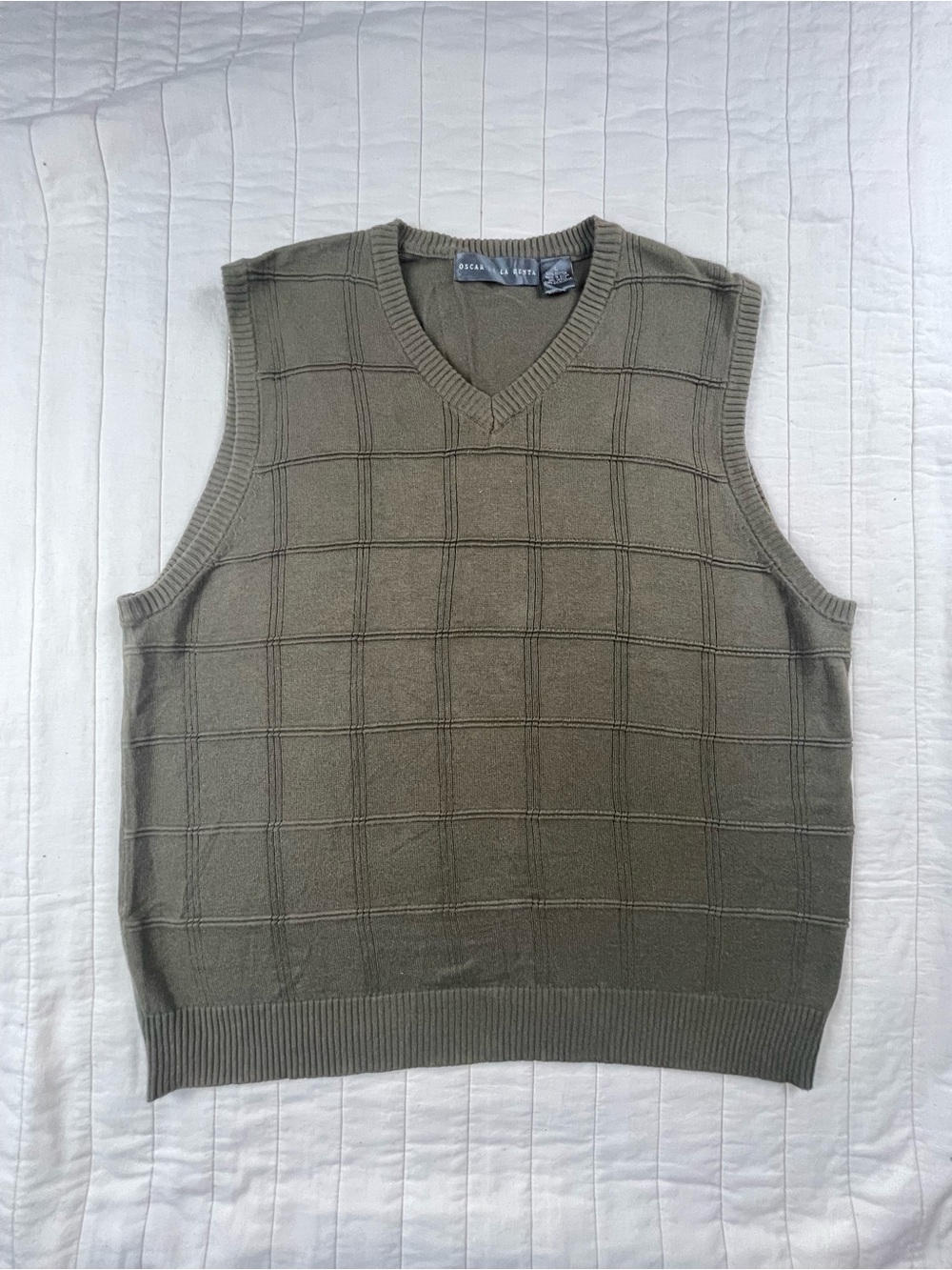 Oscar de la Renta Men’s Olive Green V-Neck Knit Sweater Vest Large